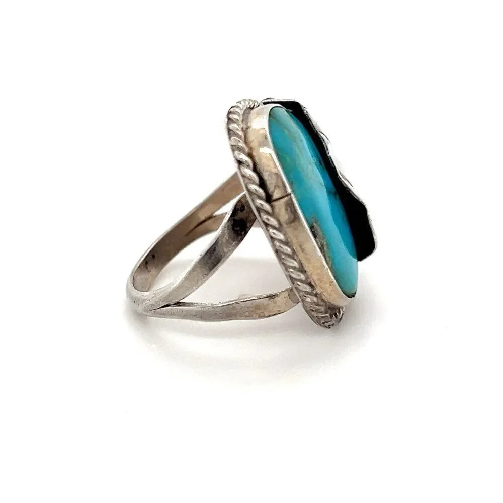 Ladies Antique Silver Turquoise Leaf Ring‎